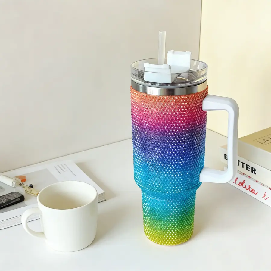 40 oz Gradient Rhinestone Tumbler — a stainless steel, leak-proof insulated tumbler designed to keep drinks hot or cold for extended periods. Ideal for use in cars, at the office, for daily hydration, or as a thoughtful gift.