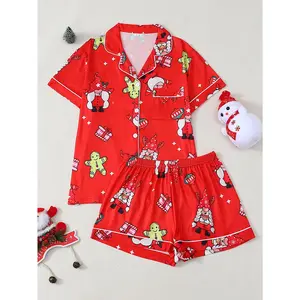 Festive Red Christmas Pajama Set - Short - Sleeved Shirt & Shorts, Featuring Santa Claus, Gingerbread Men, Perfect for Holiday Season Loungewear Pyjamas Nightwear Pjs Menswear Bestie
