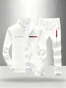Men's new casual sports set, including a comfortable zipper jacket and loose fitting pants, adorned with the word "Paris" and fashionable red and black stripes, is perfect for occasions such as Halloween, Christmas, Thanksgiving, etc. fathersdaygift