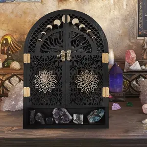 FNYDOX Crescent Moon & Tree of Life Wall-Mounted Crystal Display Shelf - Vintage Wooden Organizer for Stones, Essential Oils, and Meditation Room Decor, FNYDOXGI, Storage Cabinets Gift Decoration Fitting Box Decorative Hollow