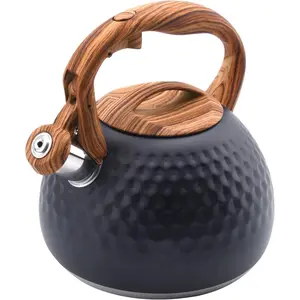 3.2 Qt Stainless Steel Whistling Tea Kettle for Stovetop, Food Grade Teapot with Wood Pattern Handle for Coffee Milk, Applicable for Gas Electric Stove (Black)