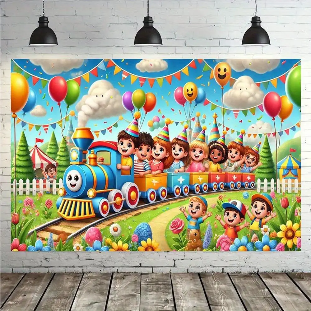 1pc Durable Polyester 2D Flat Cartoon Backdrop Banner, Children's Day Small Train Wall Hanging Cloth for All Ages - Home & Party Decoration, Studio Prop