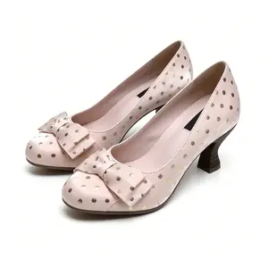Women's Pink Satin Polka Dot Heels, Gold Dot Bow Kitten Heel Pumps for Weddings & Parties
