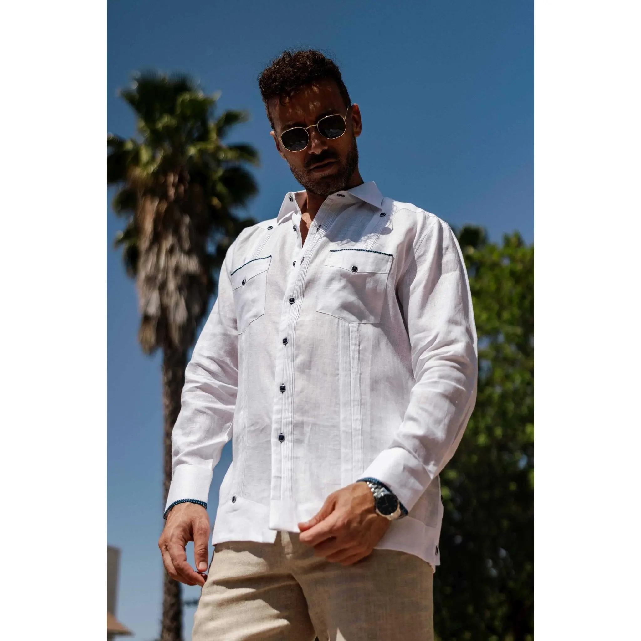 Pop-Color Trim Linen Guayabera Shirt Long Sleeve