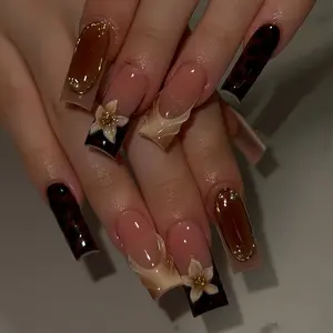 24 Pcs 3D Leopard Print Square Nails, Floral Gold Foil Design, Glossy Reusable False Nails, Party Office Daily Wear, Includes Jelly Glue & Nail File