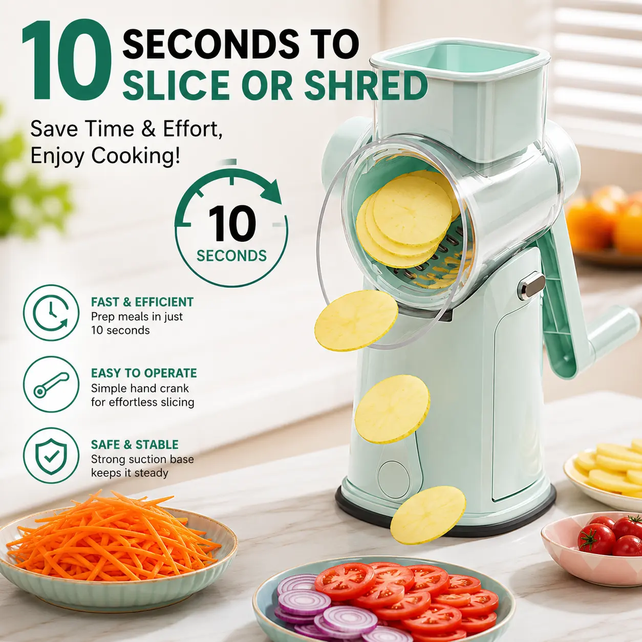 Rotary Cheese Grater with Handle, 5 Well-Designed Blades, Strong Suction Cup Base – Multi-Purpose Kitchen Utensil for Cheese, Vegetables, Ice Shaving, Nut Grinding