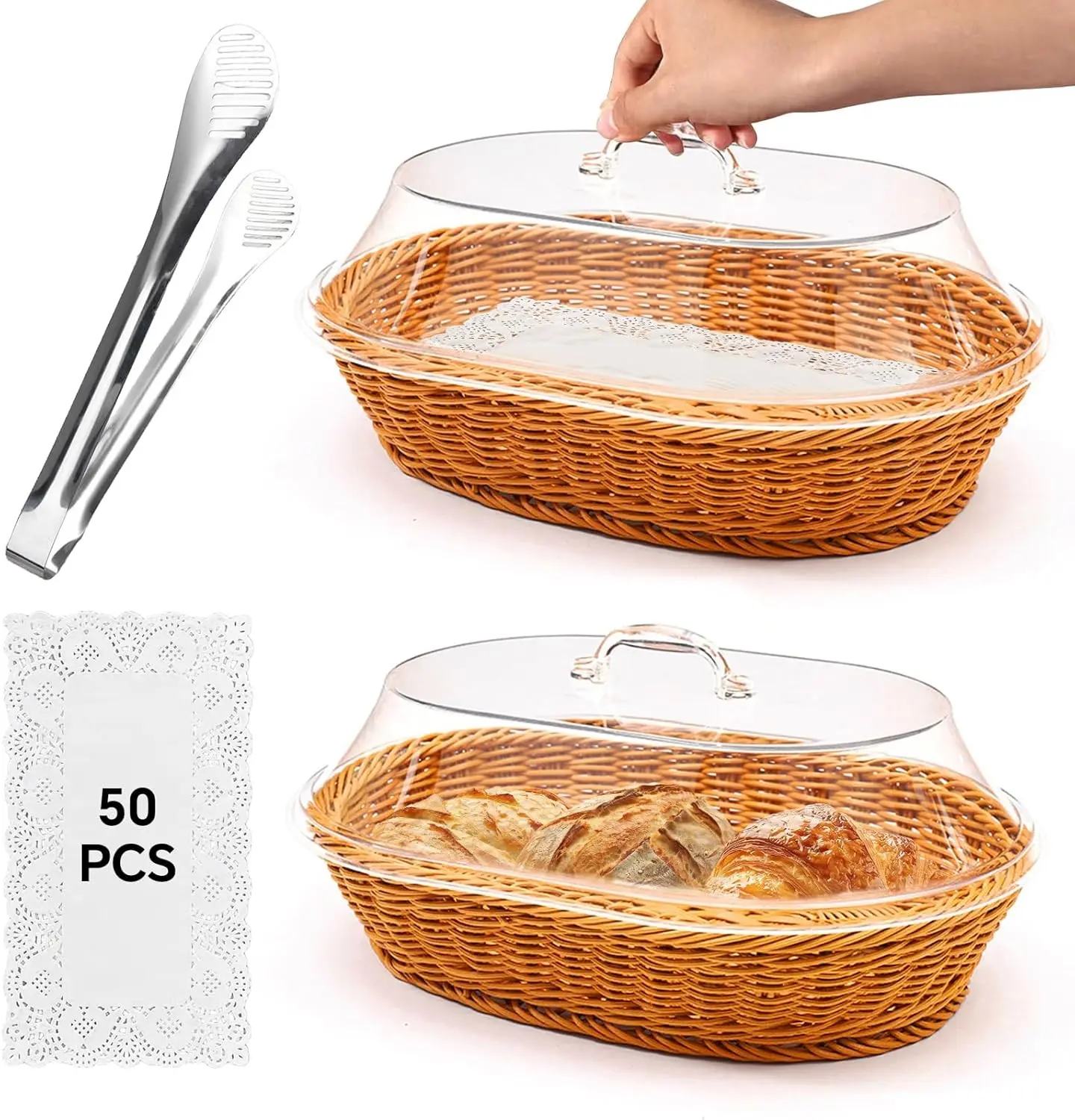 2 Pack Oval Woven Rattan Bread Baskets with Acrylic Lids, 15.75 x 11.81 inches, Stainless Steel Tongs and Lace Doilies for Bread Fruit Food Display