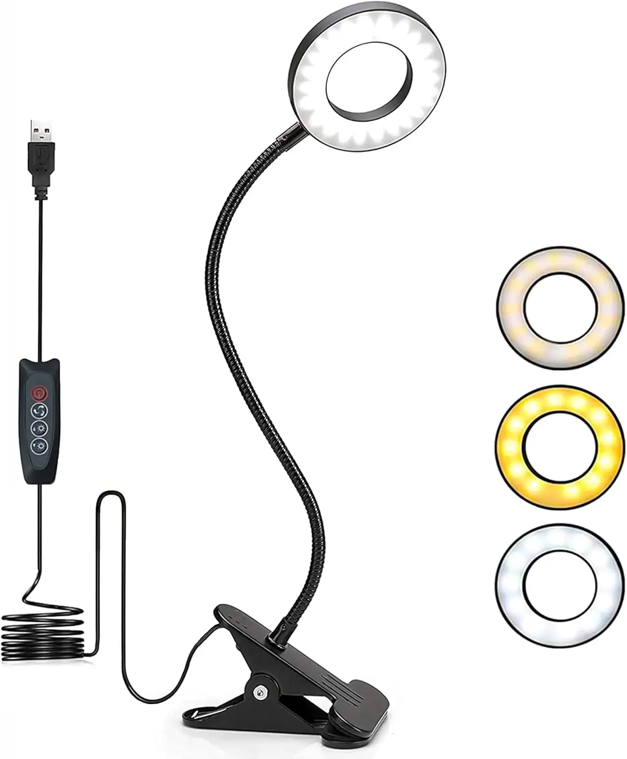 Desk Lamp Clip on Light, 48 LED USB Lamp with 3 Color Modes 10 Brightness Levels, 360° Flexible Gooseneck Eye Protection Bed Night Light for Reading, Makeup, Craf