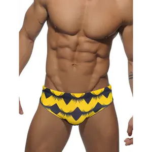 Men's High Stretch  Pattern Swim Trunks - Yellow & Navy Blue, Summer Beach & Sports Swimwear, Polyester Blend, Low Rise Design, Quick Drying & Durable, Suitable for Swimming & Water Activities