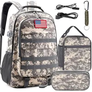 School Backpack for Boys - 4pcs Camo Boys Backpack with Lunch Box Set for Kids Teens Elementary Middle School - 18″ Camouflage Bookbag with Usb Charging Port