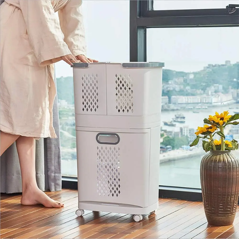 CNCEST Modern 3-Tier Rectangular Wheeled Laundry Basket - Ventilated, Space-Saving Plastic Organizer with Flexible Split Design, Hollow Structure, Compartments, Wheels for Home Storage (Bathroom, Bedroom)