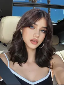 14 Inch Short Wavy Bob Wigs for Women, Gorgeous Fluffy Wigs with Blunt Bangs, Synthetic Full Machine Wigs for Party, Daily Use, Natural Wavy Wig