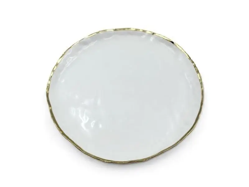 Jiallo 69412 8.5' Simplicity Collection White Porcelain Gold Trim Freestyle Round Serving Plate