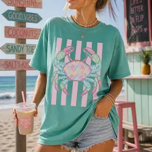 Comfort Colors Coastal Crab Shirt, Preppy Seashell Beach Tee, Coquette Pastel Striped T-Shirt, Ocean Lover Summer Aesthetic Outfit, Trendy Cute Top - Ahri Clothing