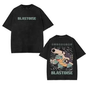Unisex Vintage Washed Poketmon Blastoise Graphic T-Shirt – Oversized Streetwear Cotton Tee with Anime Inspired Shadow Monster Print – Retro Harajuku Style Loose Fit Short Sleeve Top for Men and Women