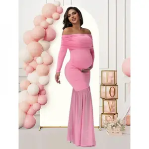 2026 Maternity Off-Shoulder Long Sleeve Dress with Mesh Patchwork and Side Slit - Stretchy Slim Fit Mermaid Long Dress Suitable for Baby Showers, Photoshoots, Weddings Elegant Solid Color Maternity Wear Can be used with raincoat