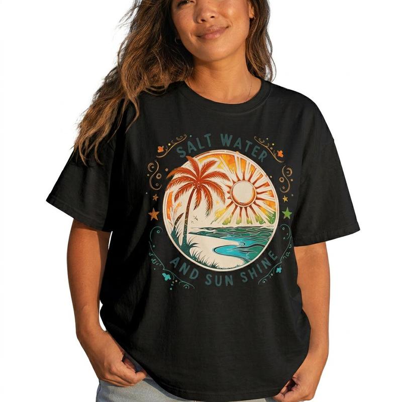 Salt Water And Sunshine Women Graphic Tee Beach Vacation Shirt Plus Size Tropical Top