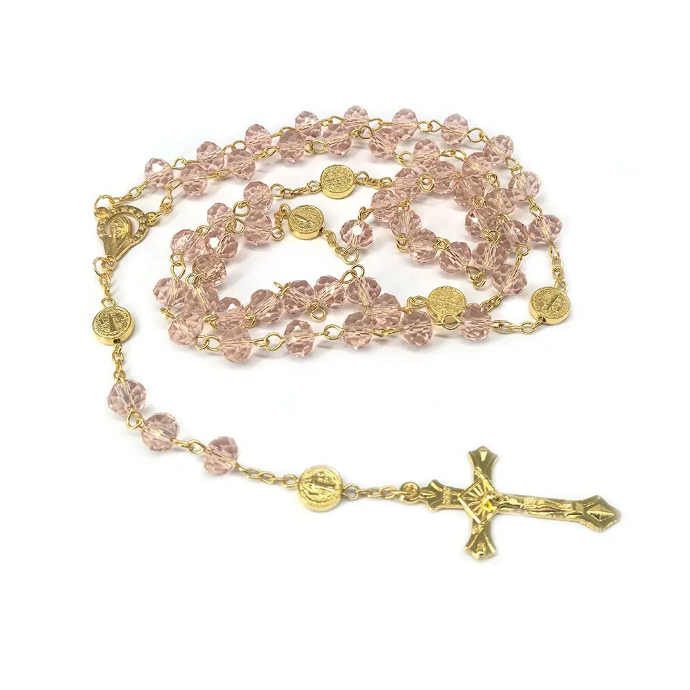 Pink Crystal Prayer Bead Necklace   Gold