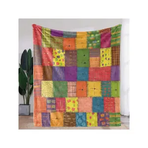 Vibrant Colorful Patchwork Throw Blanket with Eclectic Geometric & Floral Square Patterns