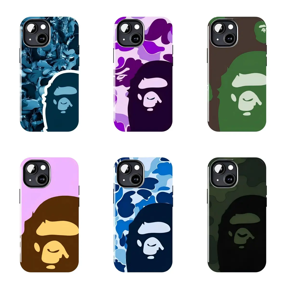 Multi-Color BAPE Camo Ape Head Polycarbonate Phone Case, Slim Anti-Drop Protective Cover, Streetwear Fan Design for iPhone 17 16 15 14 13 12 11 Pro Max Plus Hypebeast Sneakerhead Aesthetic Rugged Bumper Heavy Duty Armor Guard
