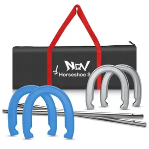 NQV Horseshoe Outdoor Game Set with 4 Steel Horseshoes 2 24 Inch Stakes and Carry Case for Easy On The Go Play