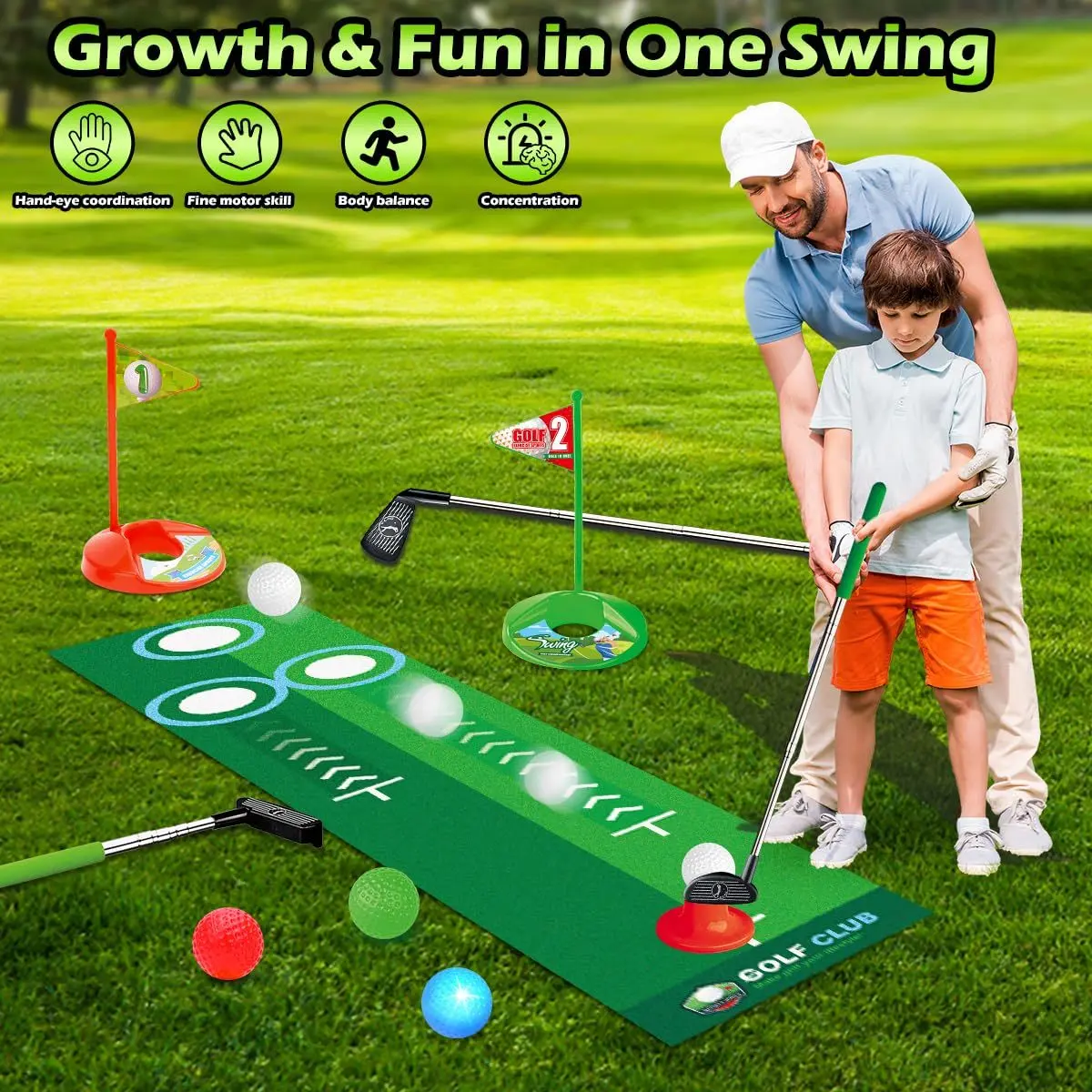 Kids Toy Golf Club Set with Automatic Ball Returner, LED Light Up Night Golf Balls, Golf Putting Mat, 3-5 Toddler Mini Golf Games, Indoor Outdoor Sport Toys Gifts for Boys Girls Aged 3 4 5 6, Birthday Gifts, Christmas Gifts