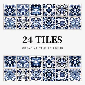 24 pcs/pack, PVC Material Blue Retro Pattern Self-adhesive Decorative Tile Stickers, Retro Style, Creative Home Decor, Waterproof, Oil-proof, Scratch Resistant And Easy To Clean, Suitable For Dining Rooms, Kitchens, Bathrooms, Stairs And Wall Renovations