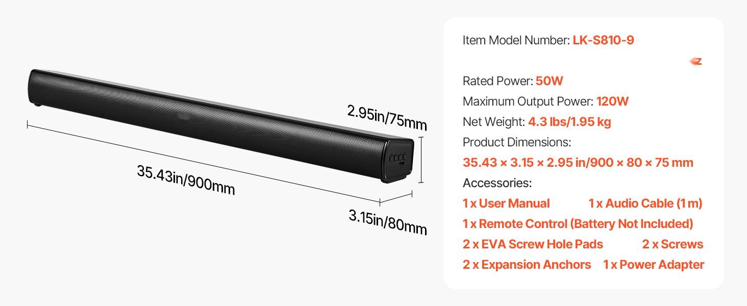 Sound Bar For Smart TV, 2.1 Channel, 35-Inch Compact Soundbar TV Speakers With Built-In Subwoofer For Projector, Bluetooth Aux Connection, Easy Setup, 120W Surround Sound System For Home Audio