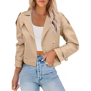 Imily Bela Women's Lapel Trench Coat Double-Breasted Cropped Jacket Casual Outerwear with Belt