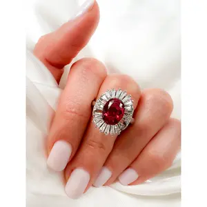 2 Ct Oval Cut Ruby Halo Sterling Silver Ring, size 6.25