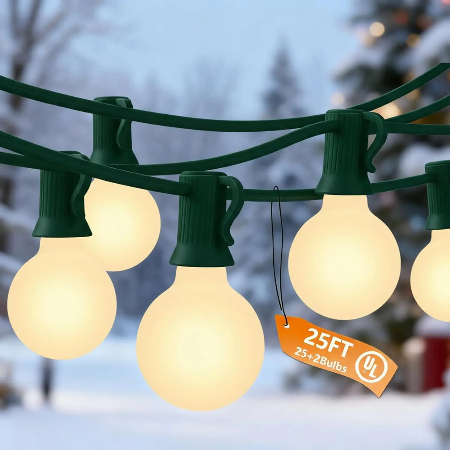 G40 Christmas Lights 25Ft Frosted Christmas Lights with 27 Edison Incandescent Round Bulbs,Connectable Xmas Globe Light for Indoor/Outdoor Tree Holiday Party Garden Decor,Green Wire