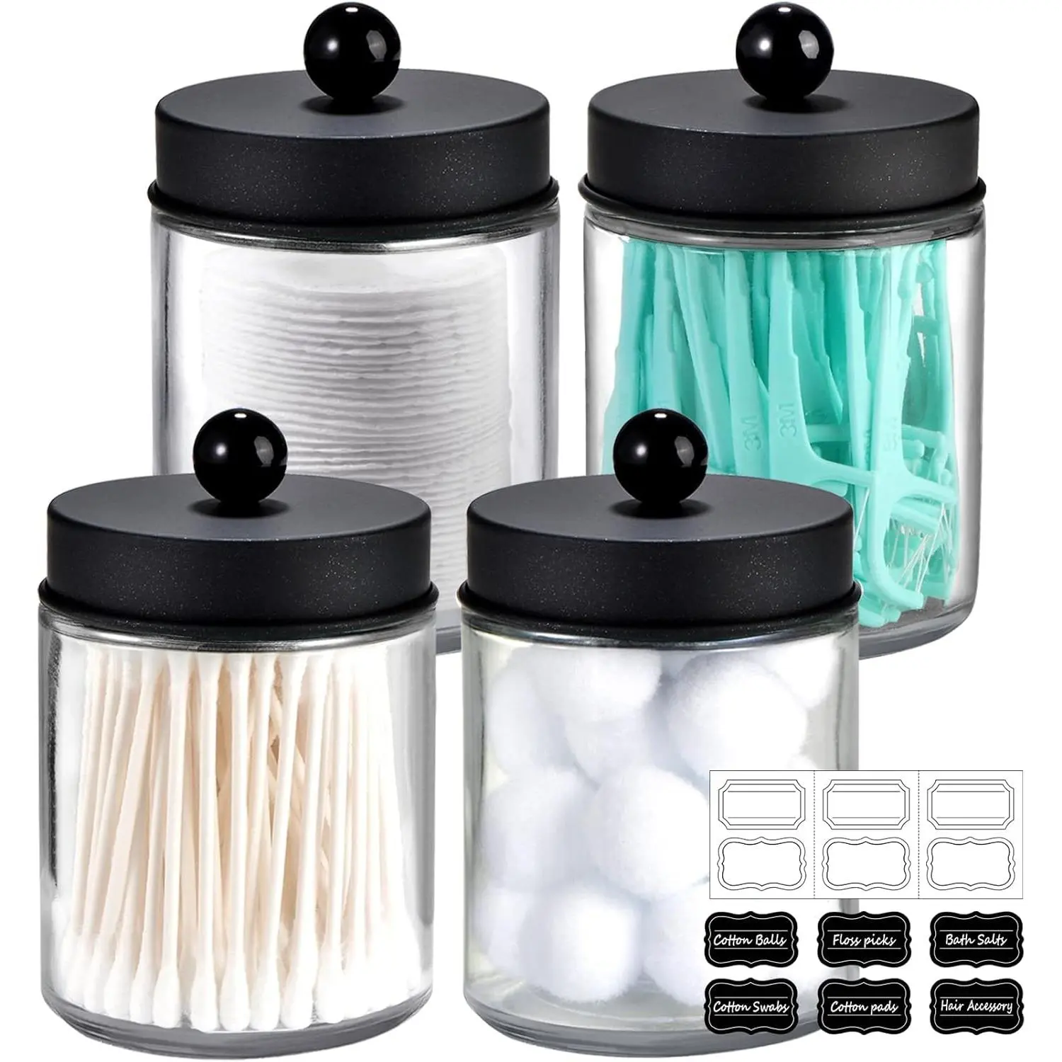4-piece glass medicine jar bathroom vanity storage set - cotton swab dispenser holder, equipped with stainless steel lids and cute stickers - countertop jars for storing cotton swabs and makeup sponges, Bottle Dispenser Bathroom Accessory Sets, Cotton Swa
