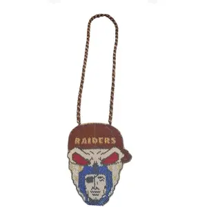 Raiders Sports Fan Beaded Chain Necklace with Team Logo Pendant Brown and Blue Handcrafted Pixelated Artistic Effect Durable Coordinating Beaded Chain Statement Accessory