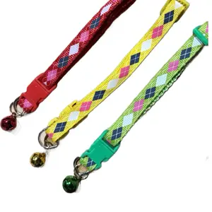 Pet Collars With Bell Set Of 3 Diamond Plaid Quick Attach No Break Away Ideal For Cats & Small Pets