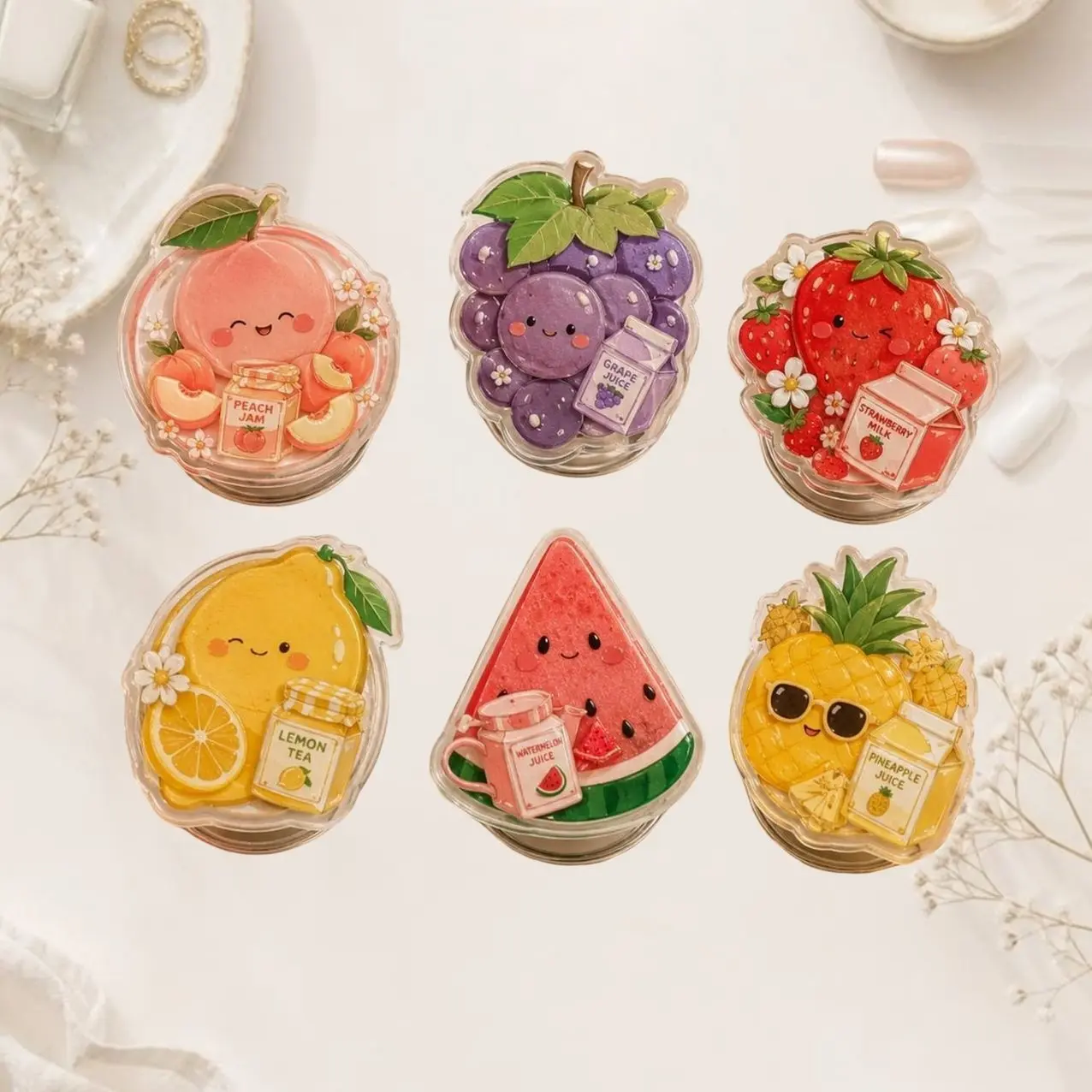 Cute Summer Fruit Shaker  Phone Grip, Peach Watermelon Lemon Kindle Holder, Summer Vibe Phone Stand, Whimsical Accessory Gift