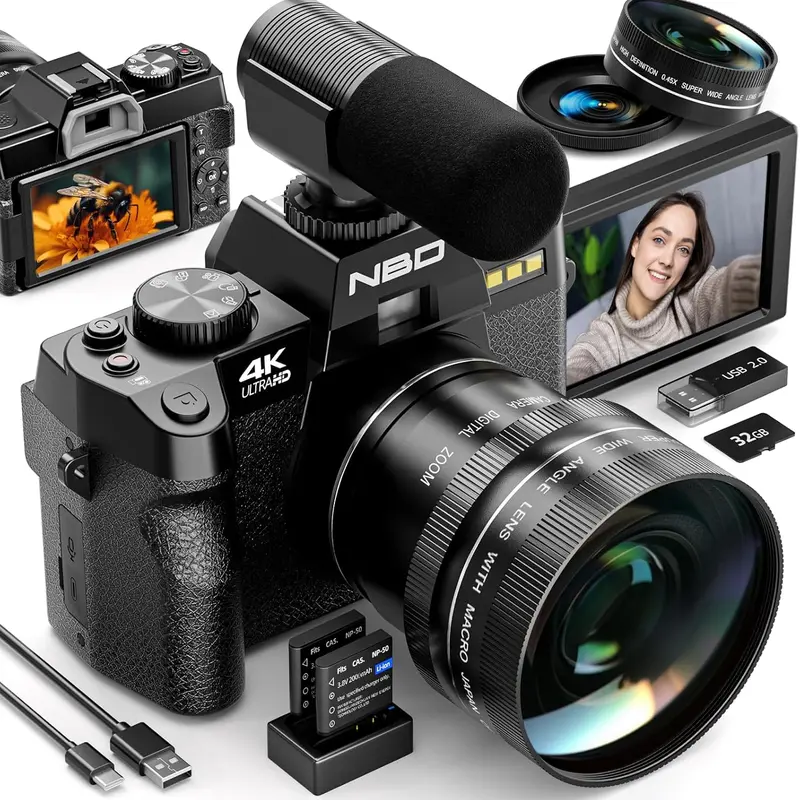 NBD S100 48MP Digital Streaming Camera - 4K, 180° LCD Touchscreen, 16x Zoom, Built-in Auto Focus, Easy Setup, 2 Lithium Ion Batteries, Wireless Compact, Tripod-Compatible, Lens-Included, SD Card-Supported, WiFi Sync, 30-Day Free Return (Black, Pink)