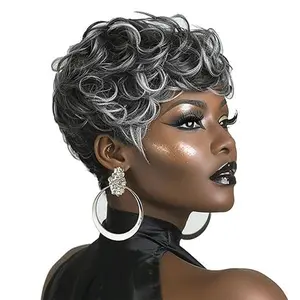 ALICOCO Short Wig for Black Women Grey Short Pixie Cut Wig for Women Curly Wigs with Bangs Layered Gray Pixie Cut Wigs for Party Costume Daily Use (Grey)