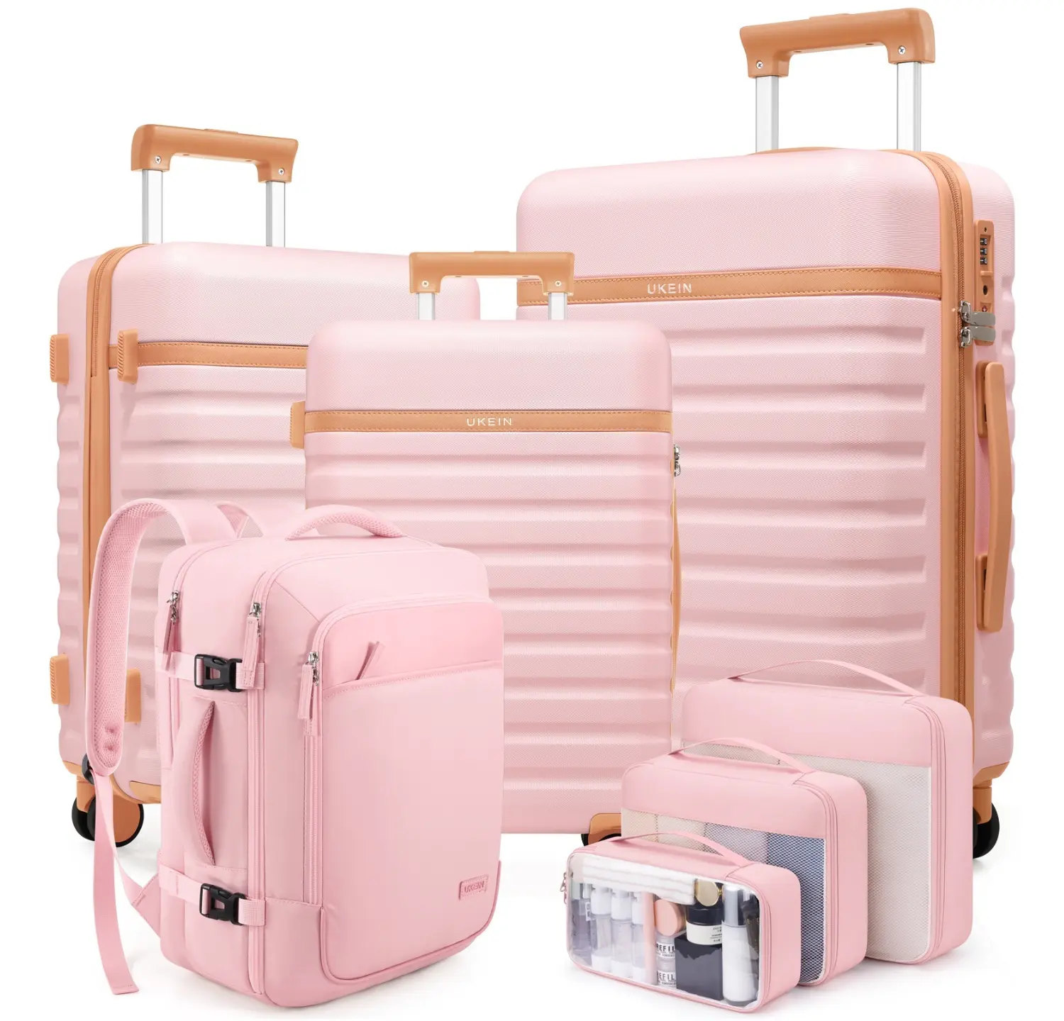 UKEIN 7-Piece Hardside Luggage Set, Durable ABS Suitcases (20/24/28 in) with 360-Degree Spinner Wheels, Anti-Theft TSA Lock, Backpack & Organizer Cubes, Luggage Sets, 4 Wheels 360 Rotation, Travel Set