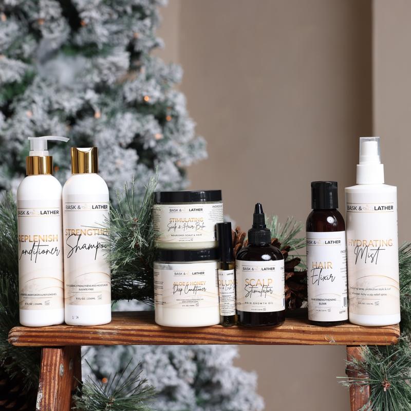Bask & Lather Ultimate Healthy Hair Care Bundle - Limited Edition with JUMBO Scalp Stimulator, Hair Elixir, Hydrating Mist, Stimulating Balm, Strengthen Shampoo, Replenish Conditioner, Aloe & Honey Deep Conditioner, Volume Serum