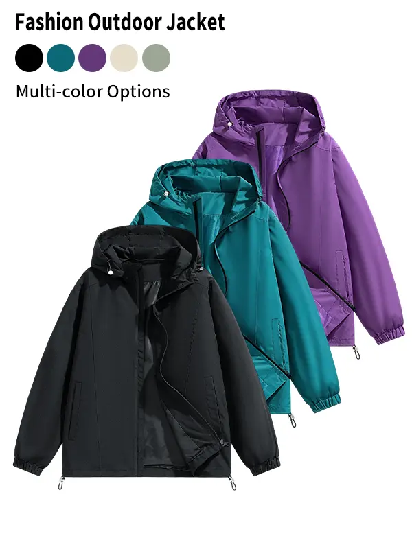 Men’s loose-fit hooded long-sleeve jacket — windproof, waterproof polyester solid-color outerwear with drawstring hem and zip closure, casual outdoor top suitable for everyday wear