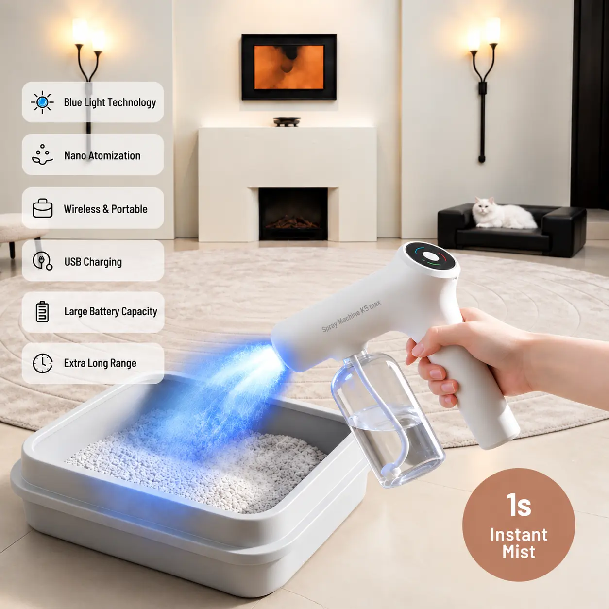 Cordless Blue Light Multi-Use Spray Gun - Ultra-Fine Mist Nano Atomizer, Refillable for Alcohol/Deodorizer, Pet Supplies for Home & Car Use (Liquid Not Included)