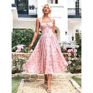 Women’s ditsy floral print ruched shirred tie-back halter dress—an elegant, fashionable, casual backless A-line midi dress for everyday outdoor wear; a women’s summer dress.