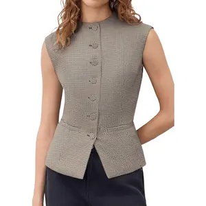 Womens Gingham Suit Vest Tops Round Neck Sleeveless Button Down Fitted Waistcoat Dressy Casual Plaid Blazer Vest
