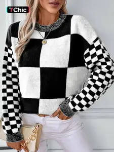 Geometric Grid Print Color Block Crew Neck Long Sleeve Knit Sweater, Knitwear, Casual Fitted Style for Spring & Fall Seasons, Women