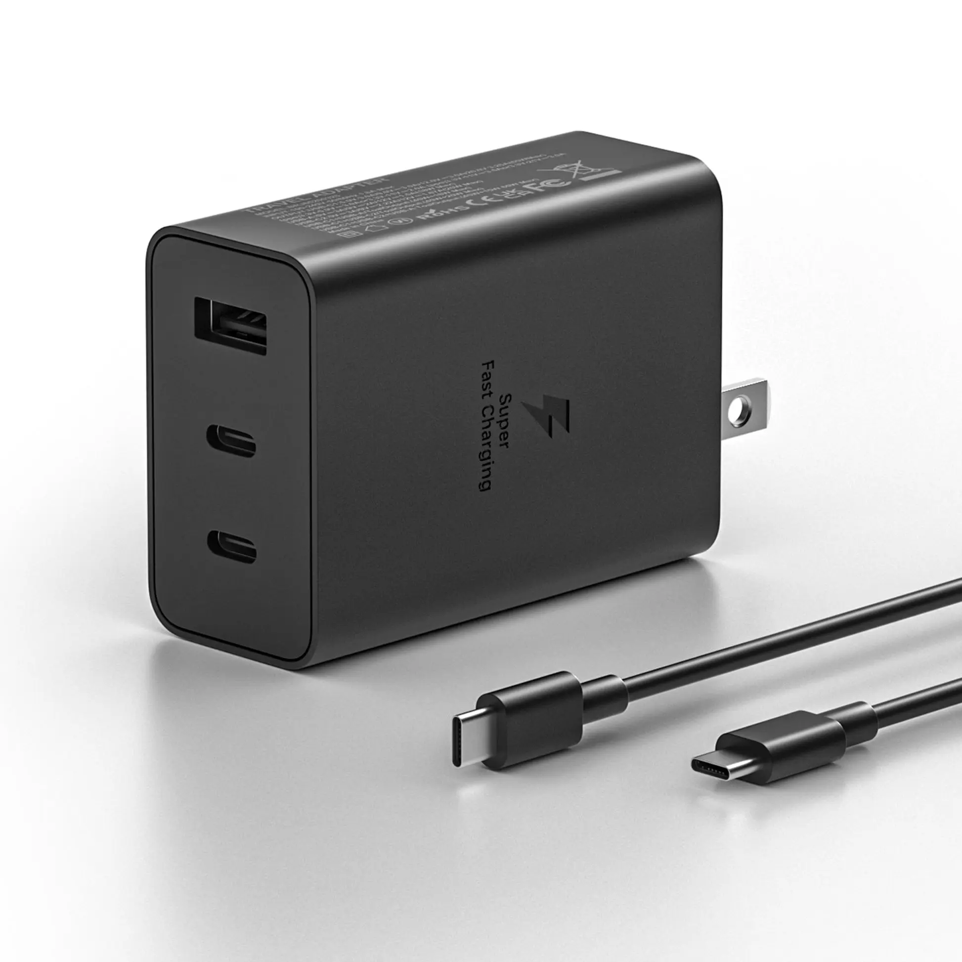 FTS Fast Trio-GaN Charger Station 3-Port USB-C & USB-A Charging Station for Smartphones Tablets Laptops and USB Devices Android Cable Portable Protection