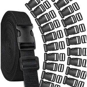 Buckles Strap Set, 10 Yards 1 Inch Nylon Webbing Strap with 20 Set Side Release Plastic Buckles for Luggage Strap Backpack Repairing, Black