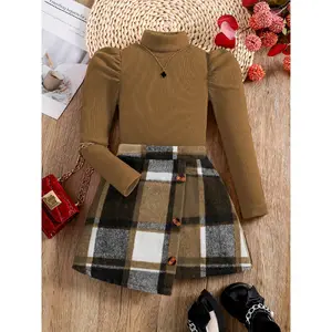 Children's Plaid Skirt Set for Girls, High Neck Short Skirt, Spring and Autumn Elegant College Style Skirt
