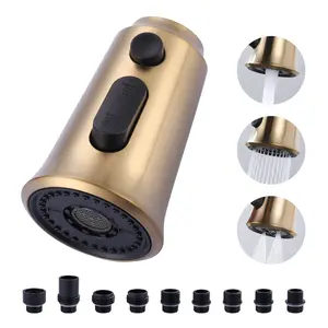 WOWOW Kitchen Faucet Head Replacement, 3 Function Pull Down Faucet Sprayer Head with 9 Adapters, Brushed Gold Kitchen Sprayer Nozzle