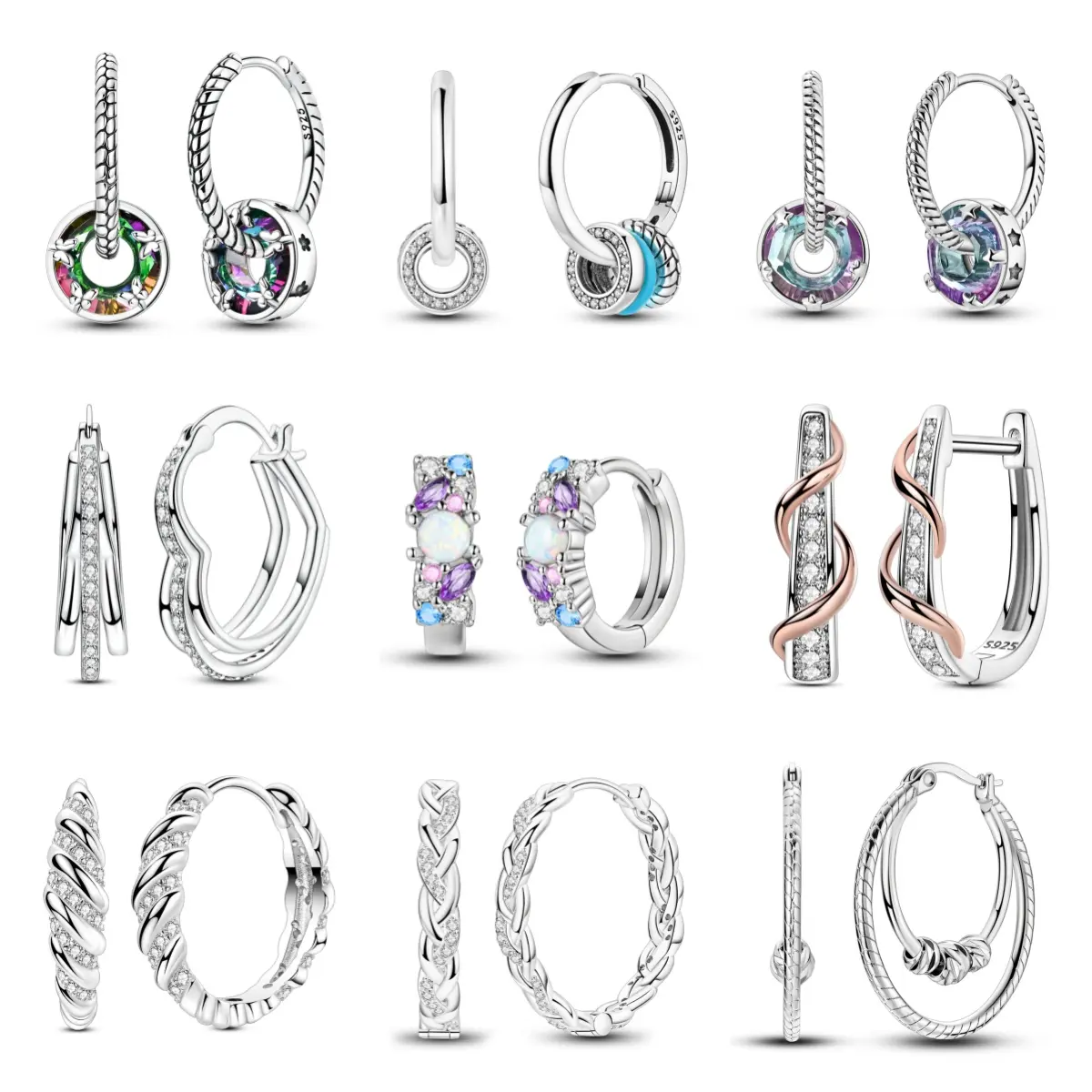MULA Women's Geometric Silver-Plated Zircon Earrings - White Gold-Plated, Shiny Sparkling Earring Stack, Daily Costume Jewelry Accessory, Ideal Birthday Gift, White Gold Earrings