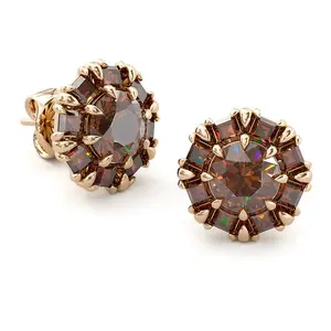 Jzora handmade D-coffee round&princess cut vintage halo sterling silver stud earrings,Rose gold stud earrings for women